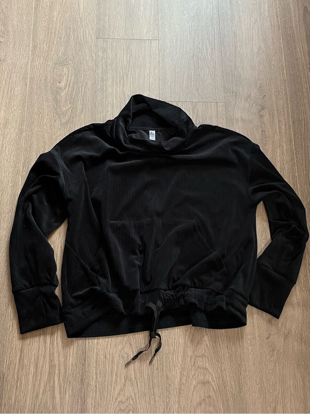 Black Ribbed Drawstring Pullover Hoodie